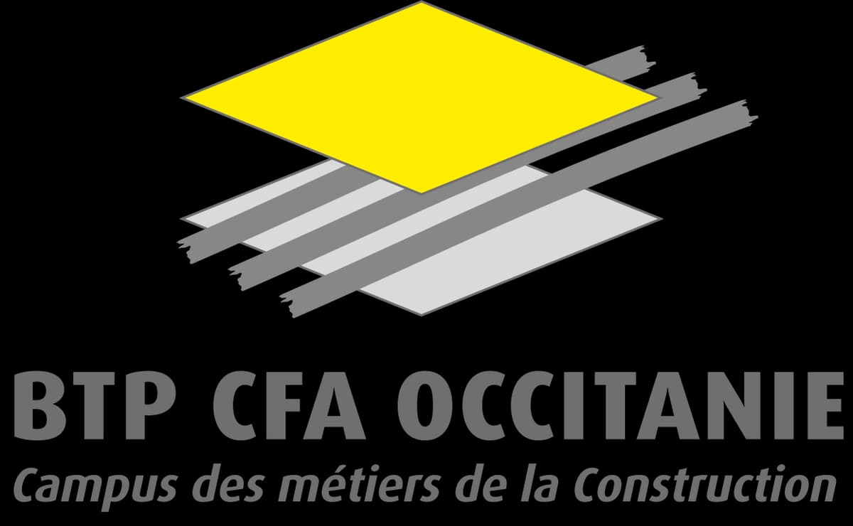 Logo BTP CFA Occitanie : losange jaune posé sur des feuilles et des barres obliques, au-dessus du nom du réseau et de la mention Campus des métiers de la Construction