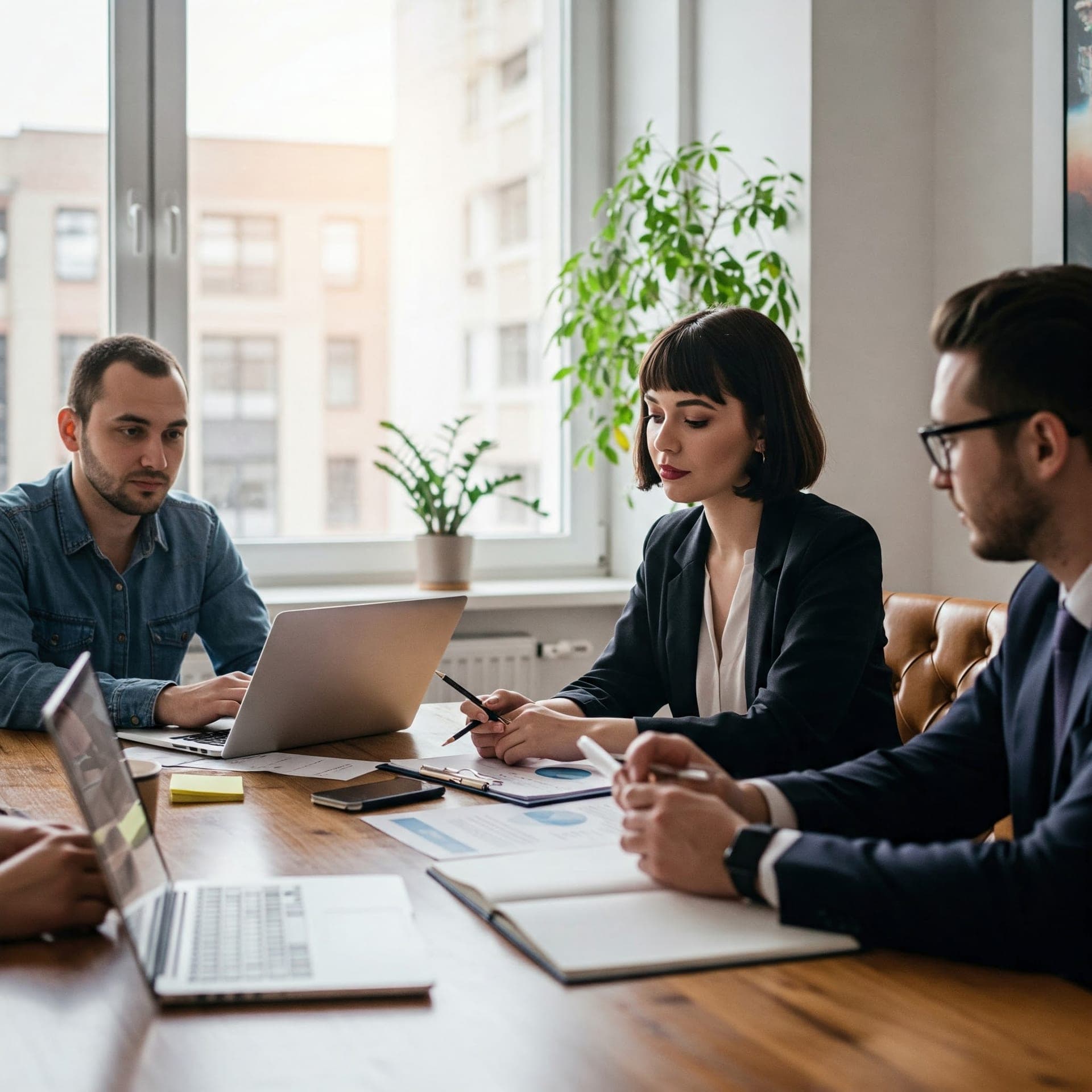 Réunion de travail autour d'une table en bois dans un bureau bruxellois, ordinateurs et dossiers ouverts