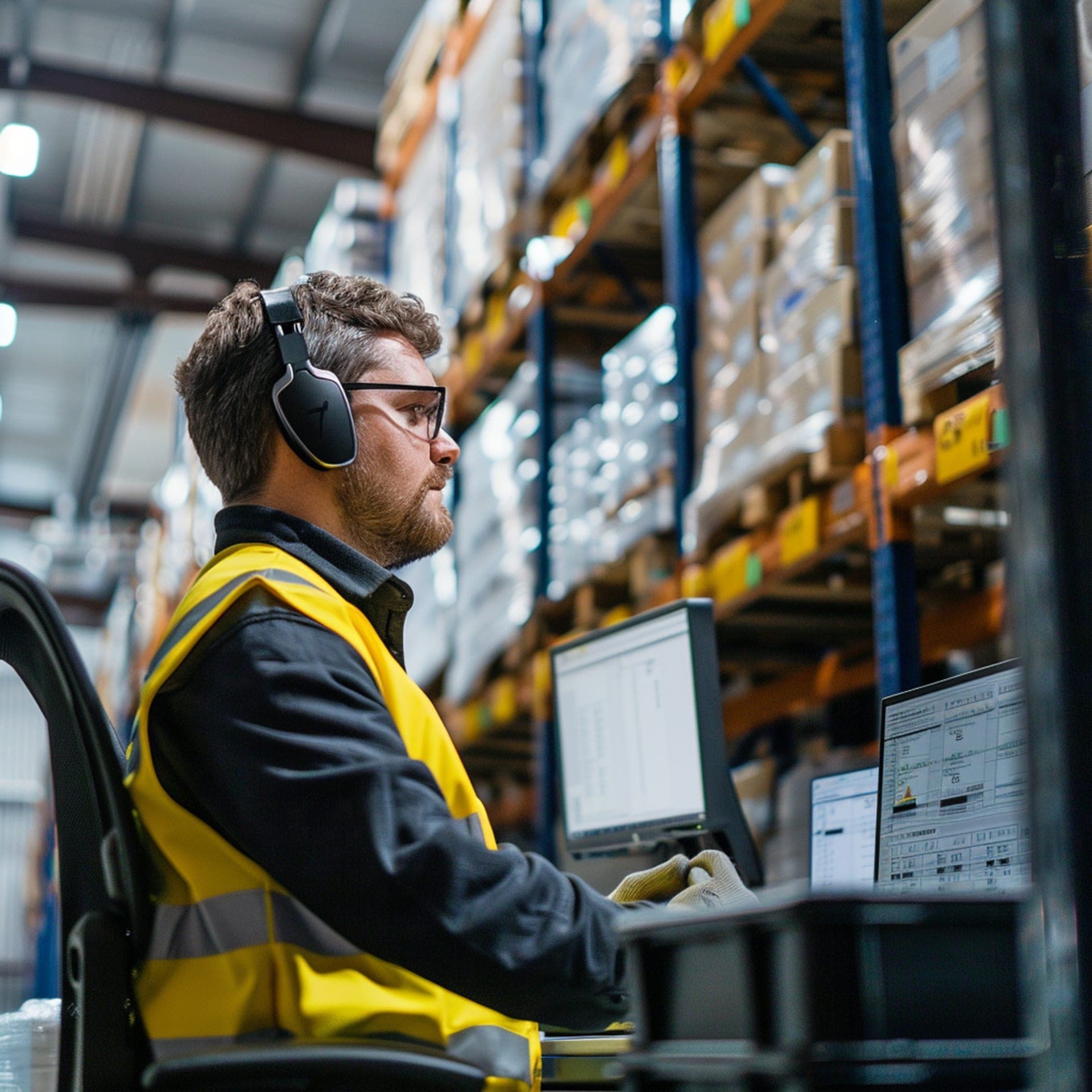 Opérateur logistique saisissant les stocks sur son poste au cœur de l'entrepôt