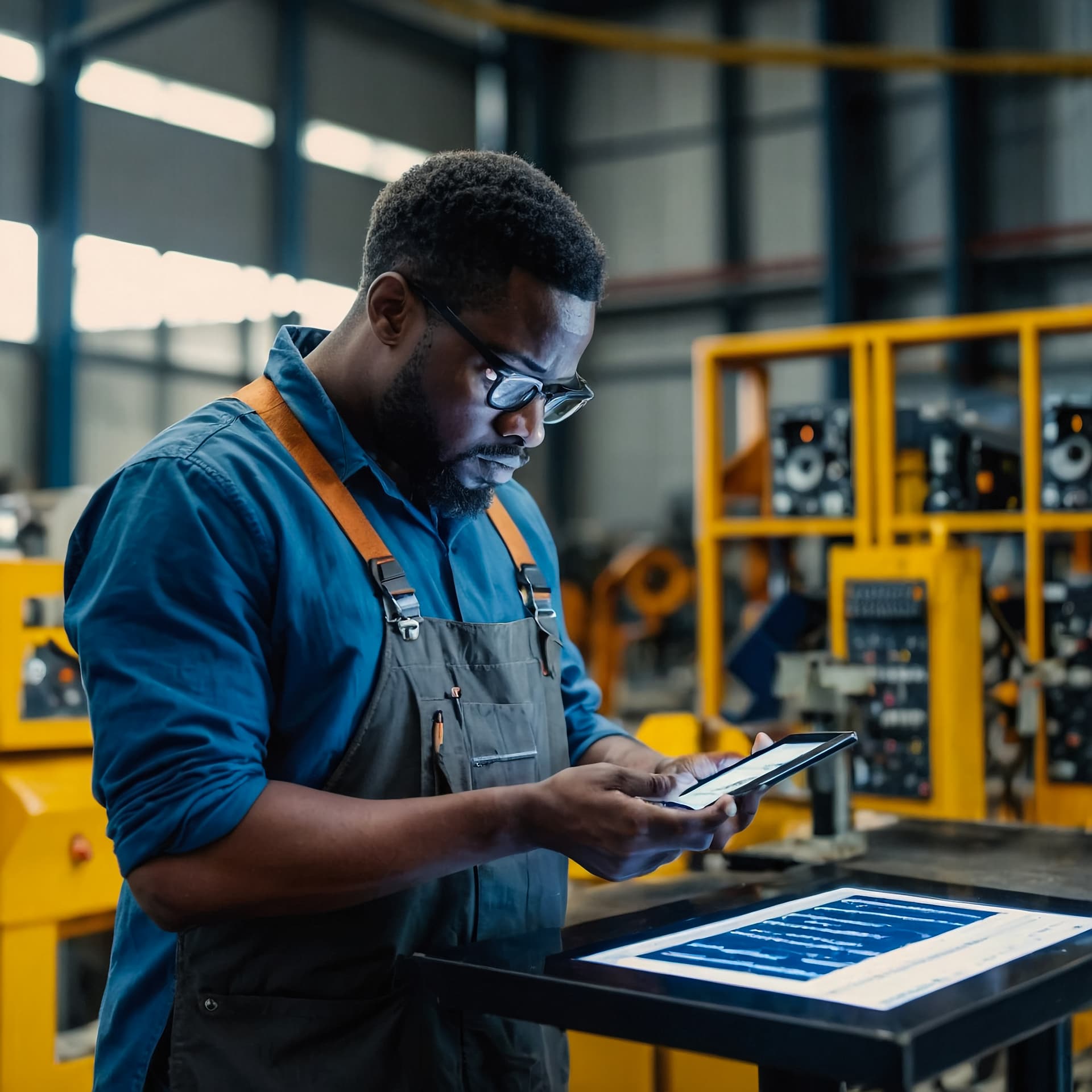 Opérateur consultant sa tablette au pied d'une ligne de production