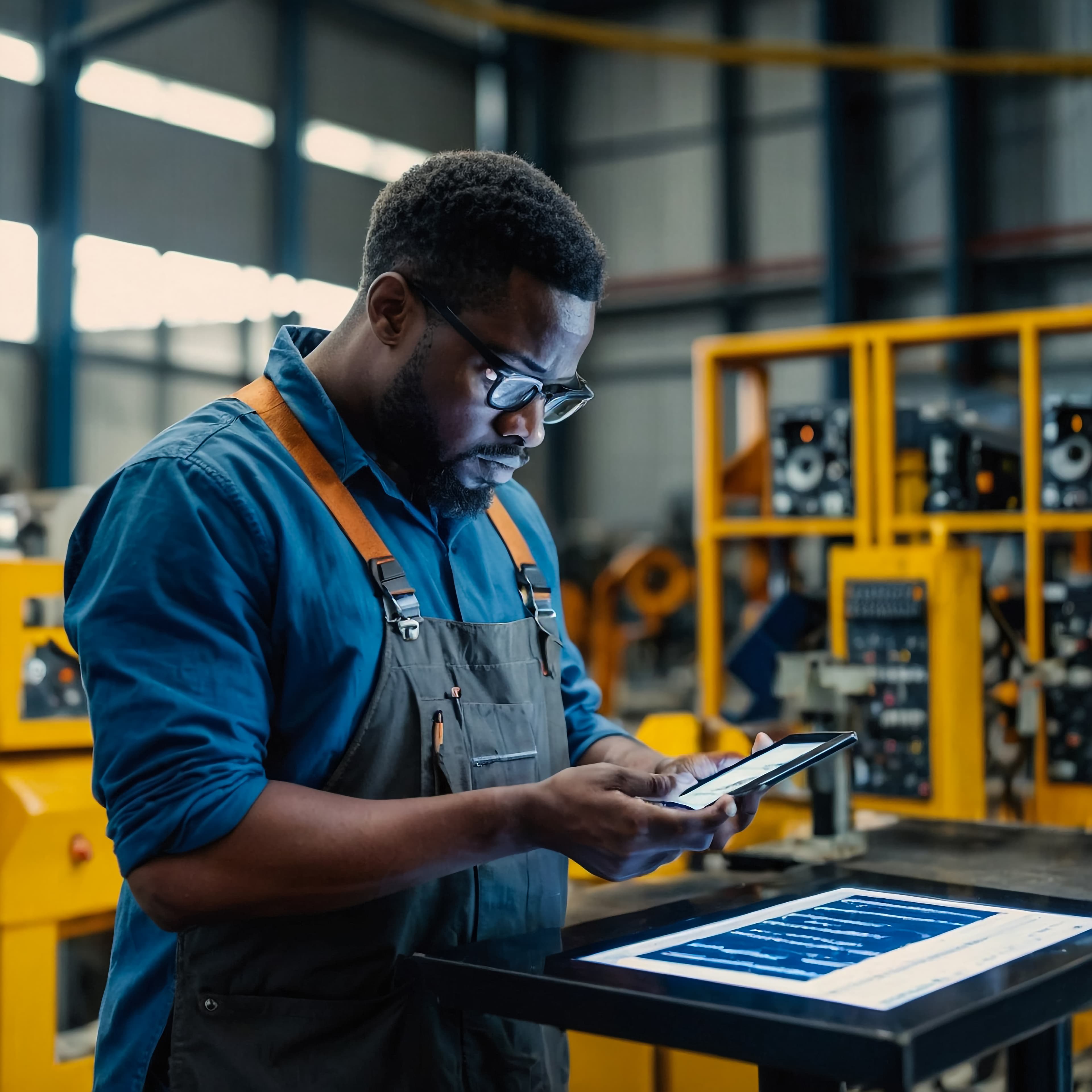 Opérateur consultant sa tablette au pied d'une ligne de production