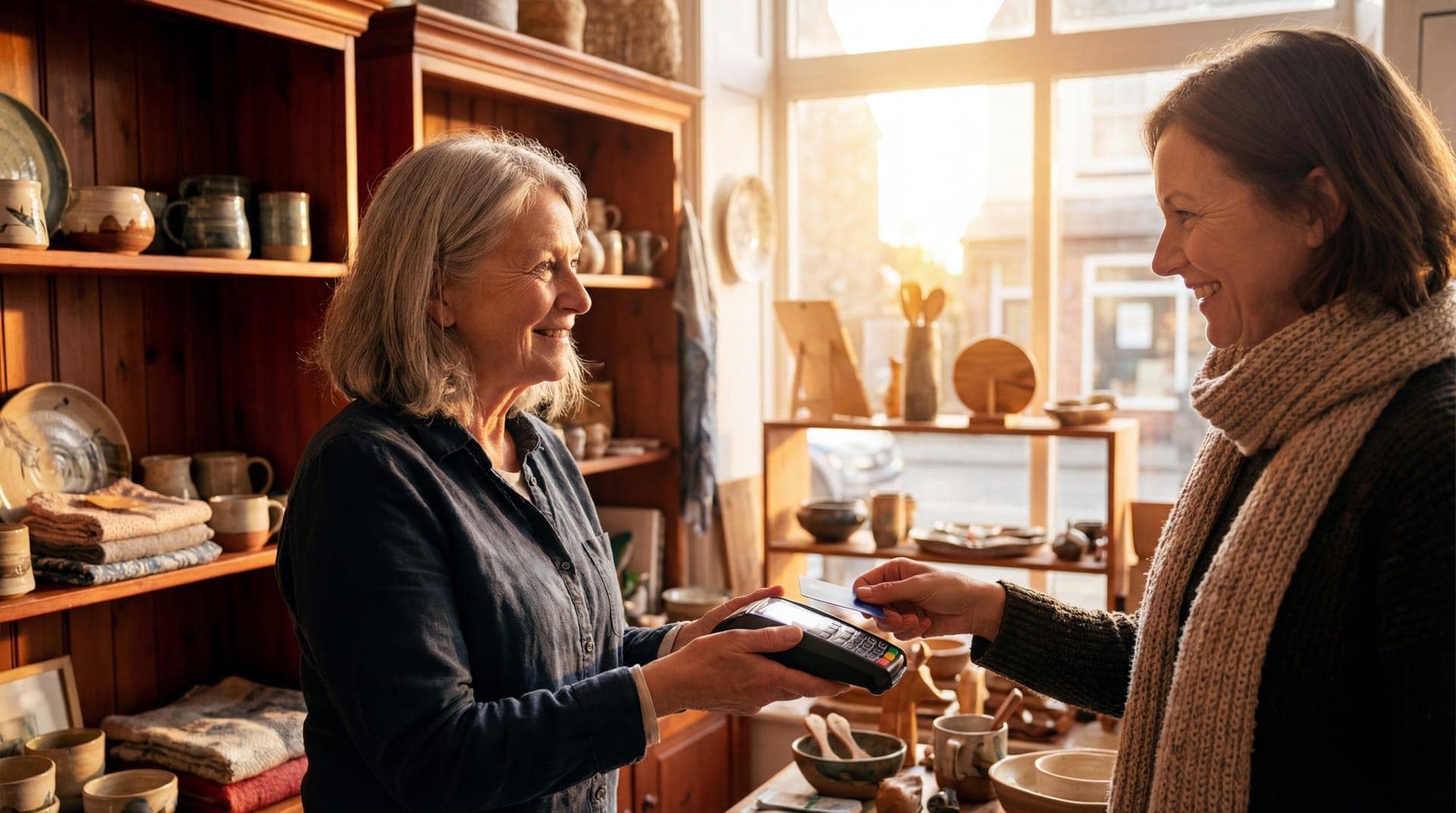 Commerçant au comptoir avec une cliente, terminal de paiement en main