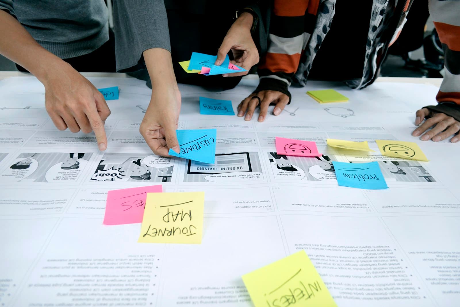 Équipe organisant des idées avec des notes adhésives en atelier