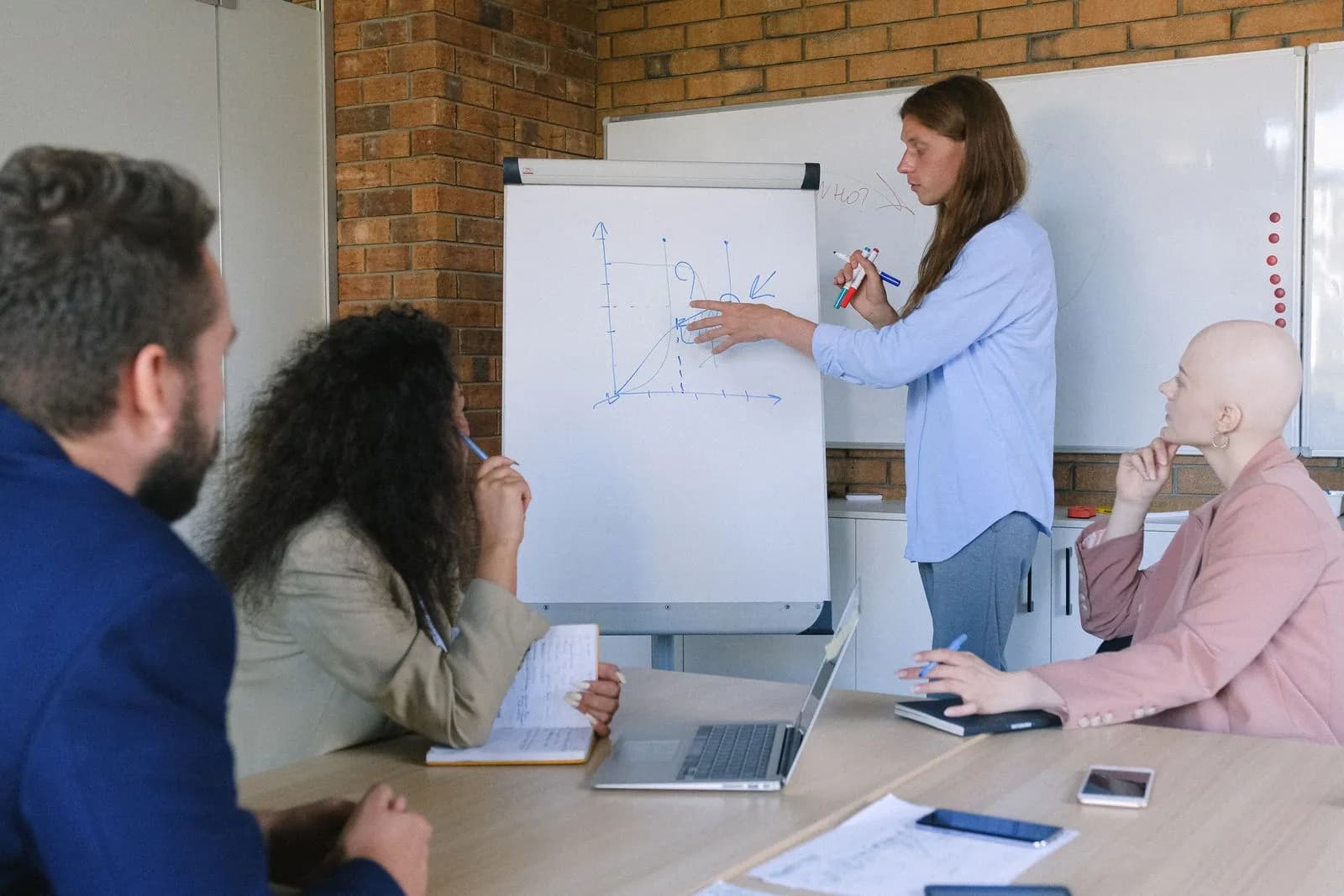 Collaborateurs attablés écoutant une présentation chiffrée au paperboard lors d'un atelier de cadrage
