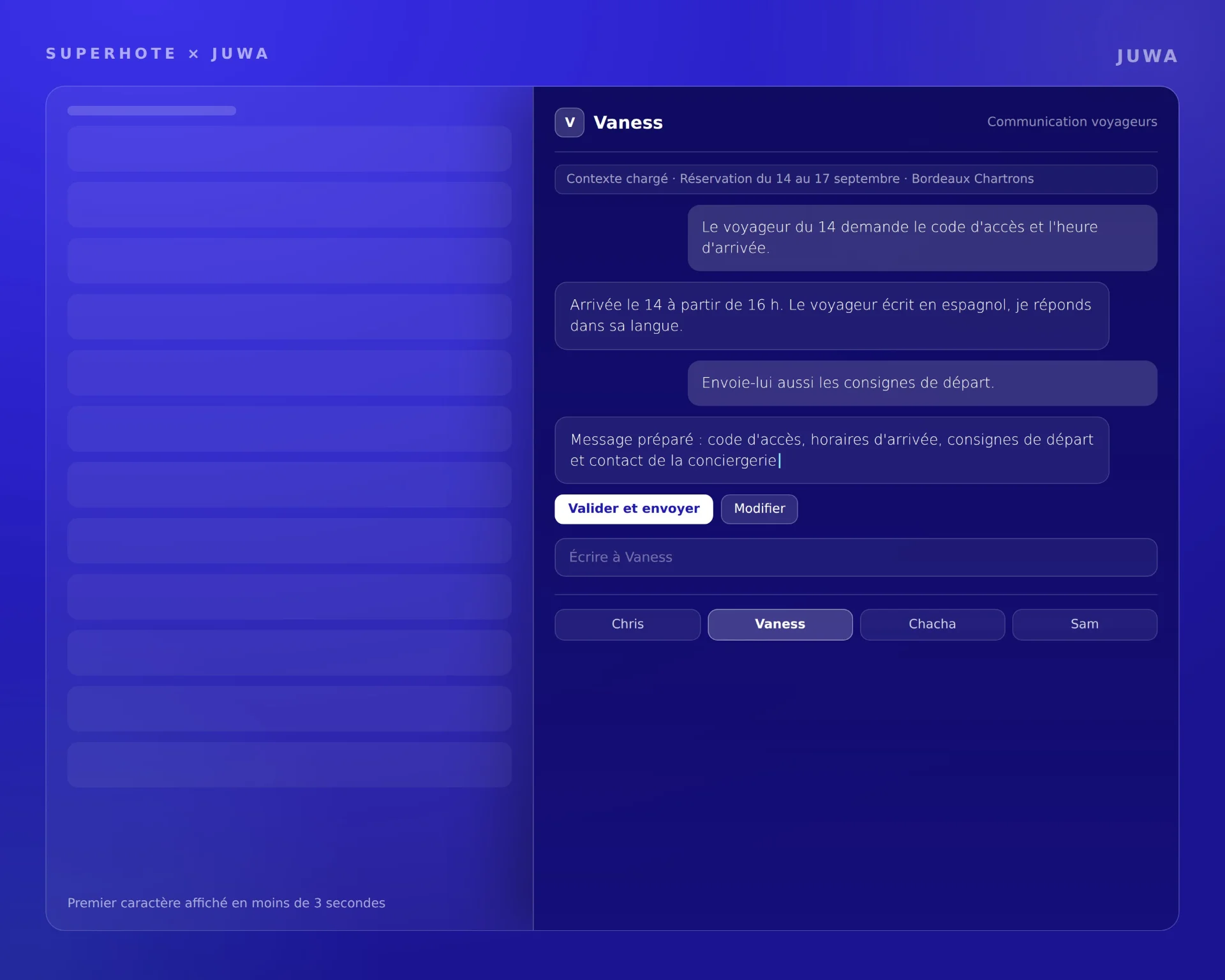 Panneau du copilote IA ouvert par-dessus le back-office SuperHote, contexte de réservation chargé et actions à valider