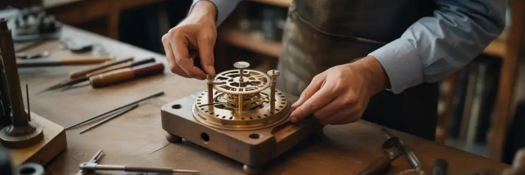 Mains assemblant une pièce d'horlogerie complexe.