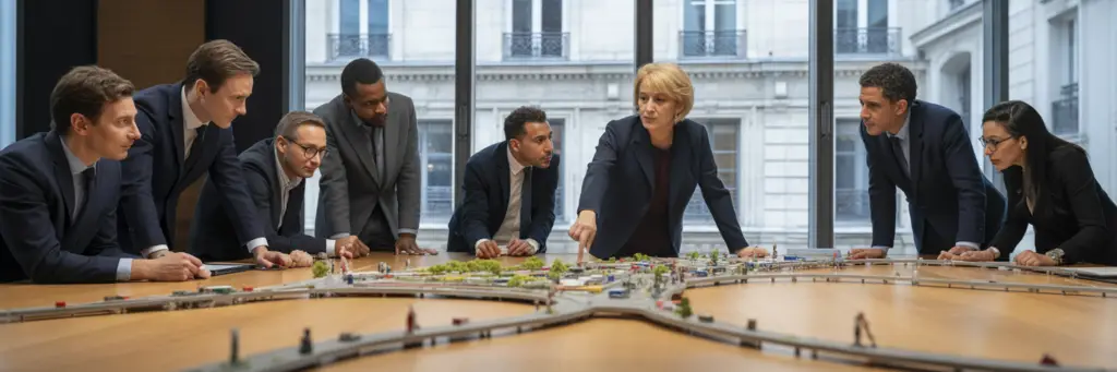 Dirigeants en réunion stratégique autour d'un modèle physique.