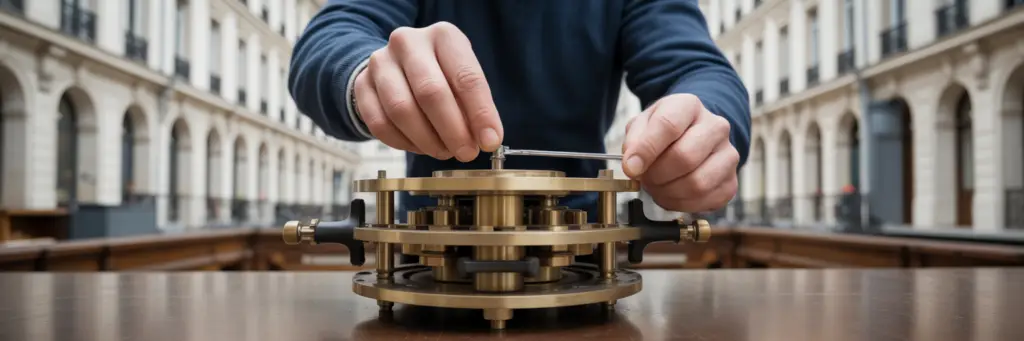 Artisan ajustant un mécanisme complexe dans un atelier.