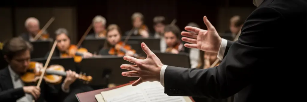 Chef d'orchestre guidant ses musiciens avec passion.