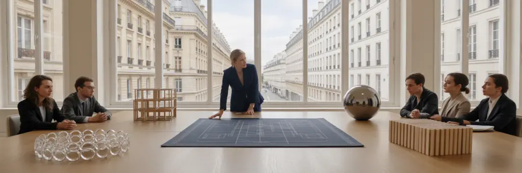Équipe évaluant des modèles d'IA dans une salle de réunion à Paris.