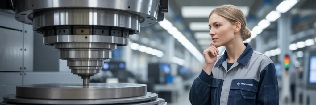 Technicienne observant une machine dans une usine moderne.