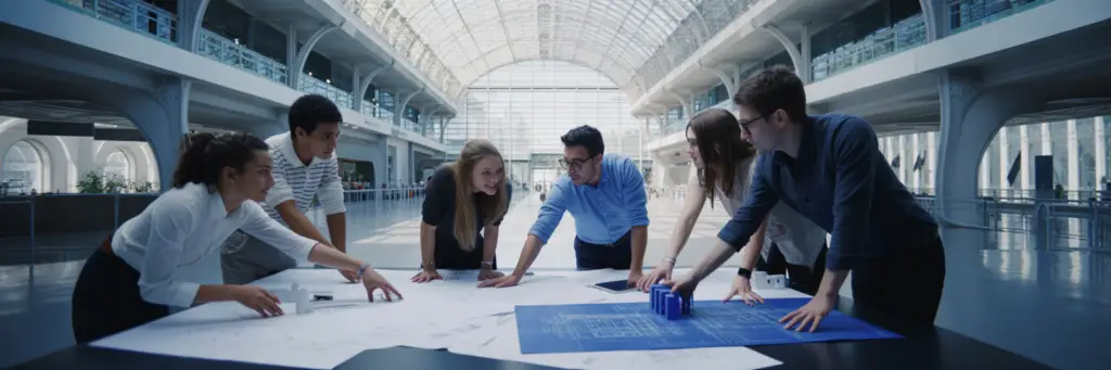 Équipe collaborant dans un espace de travail moderne.