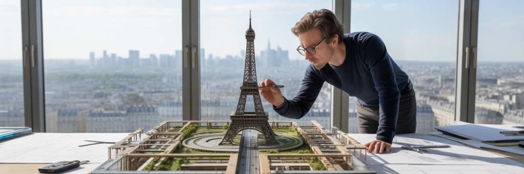 Architecte ajustant une maquette détaillée.