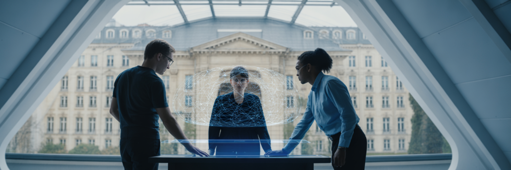 Équipe d'ingénieurs dans un data center moderne.