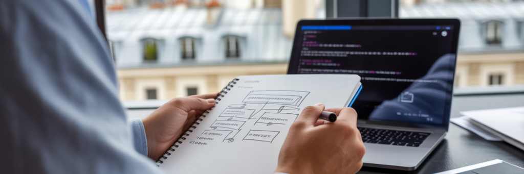 Développeur planifiant une architecture logicielle complexe.