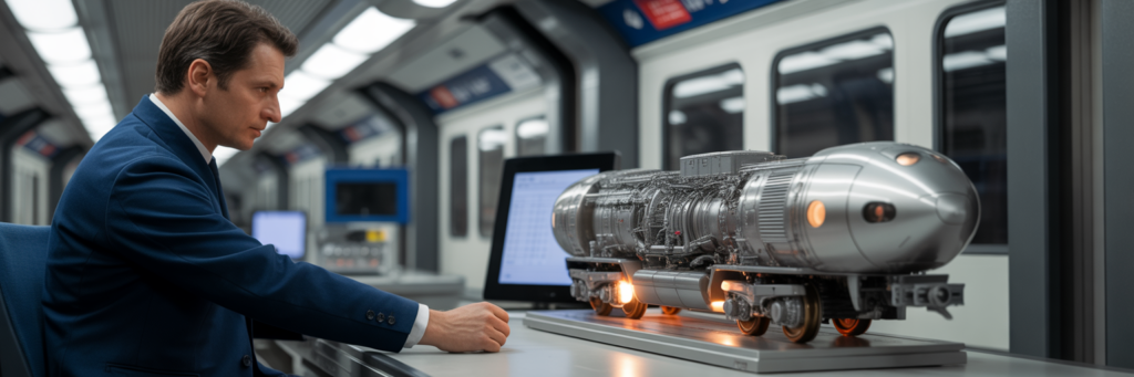 Ingénieur analysant un modèle de moteur TGV avec capteurs.
