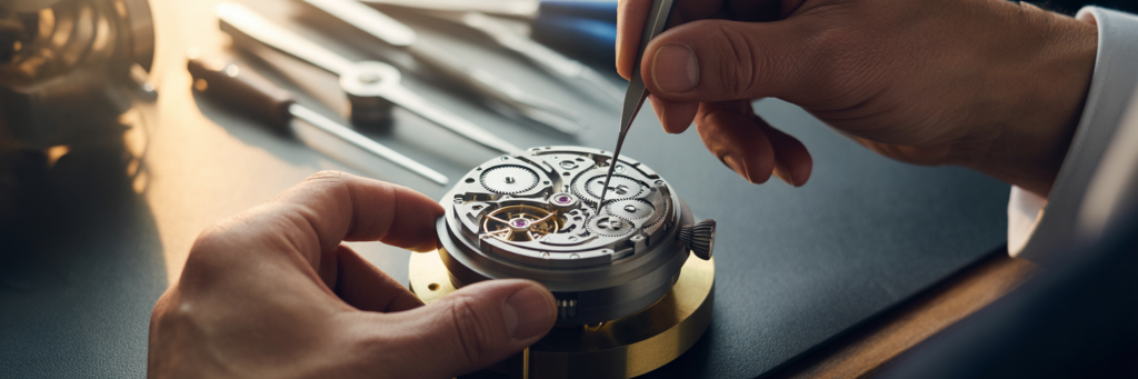 Mains d'horloger assemblant un mouvement de montre complexe.
