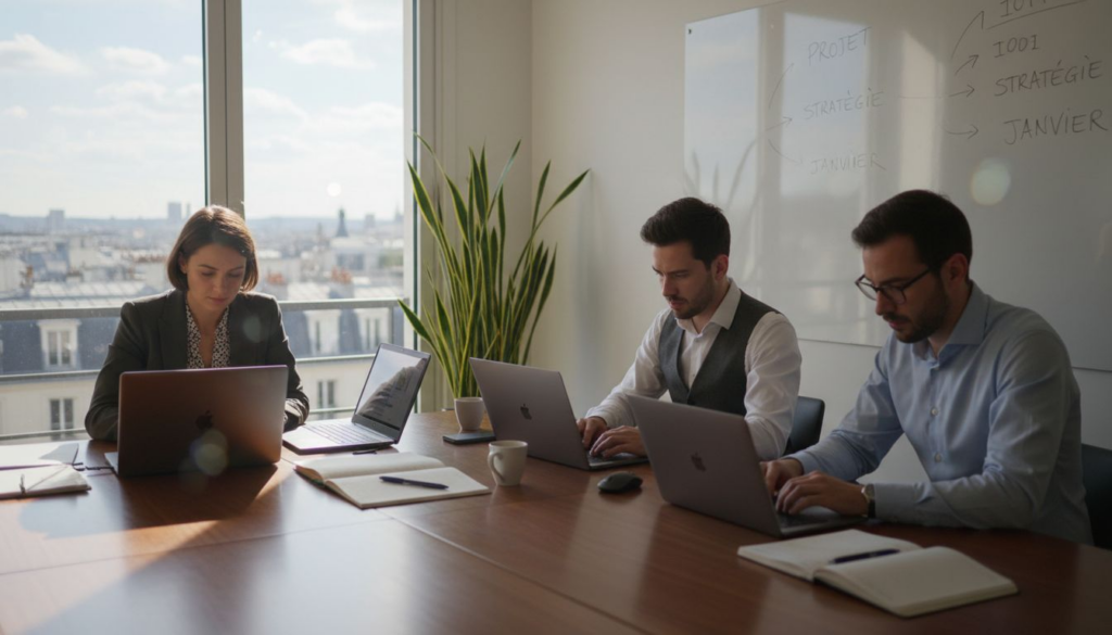 Des collègues échangent et travaillent ensemble sur leurs ordinateurs portables dans un bureau lumineux et convivial.