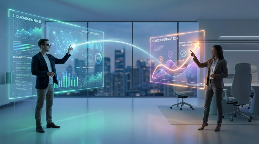 Deux consultants interagissent avec des écrans holographiques affichant un diagnostic IA, des analyses de données et une feuille de route stratégique.