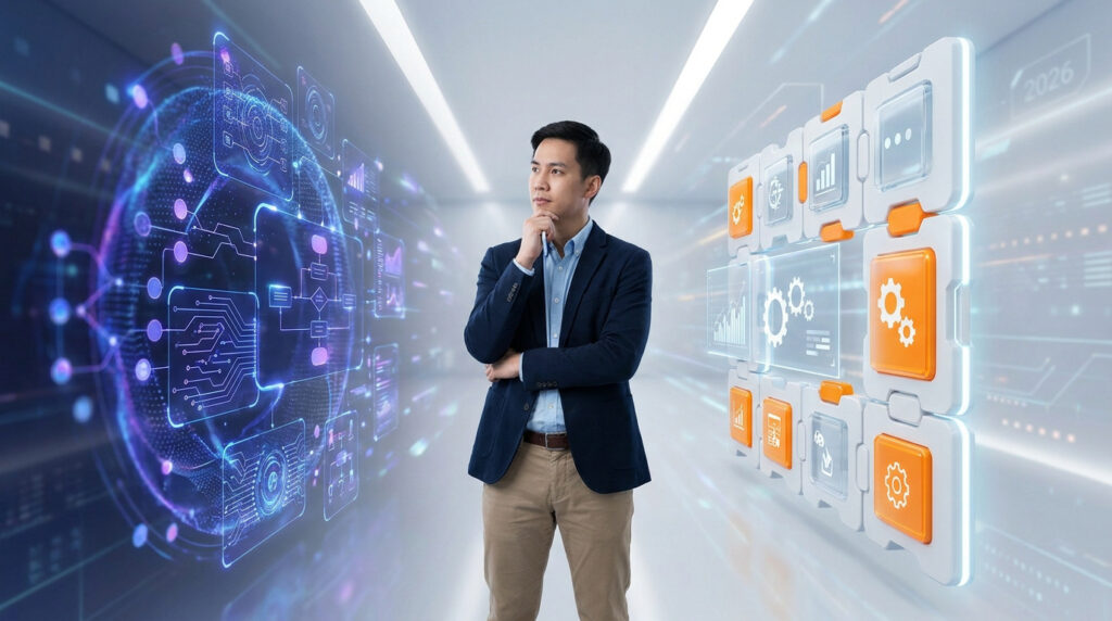 Jeune homme d'affaires devant des écrans futuristes symbolisant IA sur mesure et solutions SaaS. Il hésite entre les deux options.