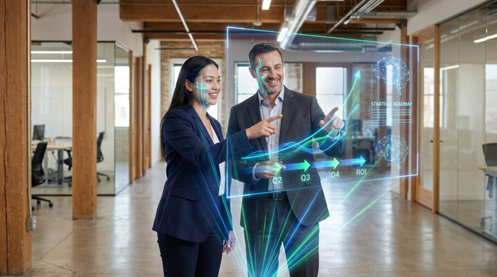 Deux professionnels interagissant avec un écran holographique affichant une feuille de route stratégique et des indicateurs de performance.