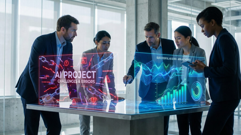 Quatre professionnels analysent des interfaces holographiques sur une table, illustrant les défis et réussites des projets d'IA.