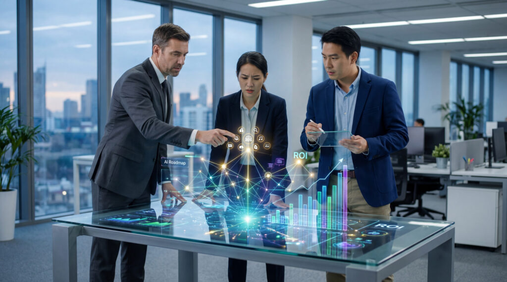 Trois professionnels dans un bureau moderne examinent une feuille de route IA holographique, des données et un réseau d'icônes sur une table interactive.