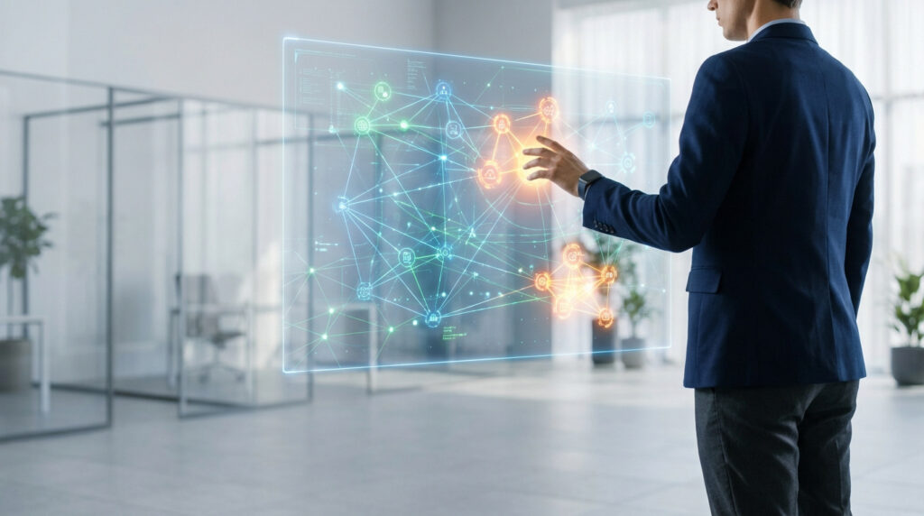 Homme en costume interagissant avec un écran holographique affichant un réseau de tâches et d'icônes dans un bureau moderne.