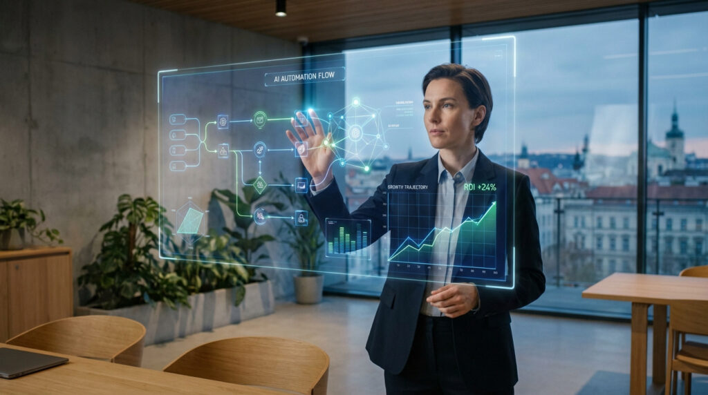 Femme d'affaires interagissant avec un écran holographique affichant un flux d'automatisation IA et des graphiques de rentabilité.