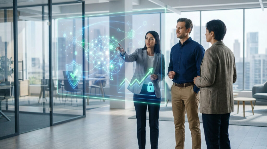 Une femme présente un écran holographique avec symboles d'IA, sécurité et croissance à deux collègues dans un bureau moderne.