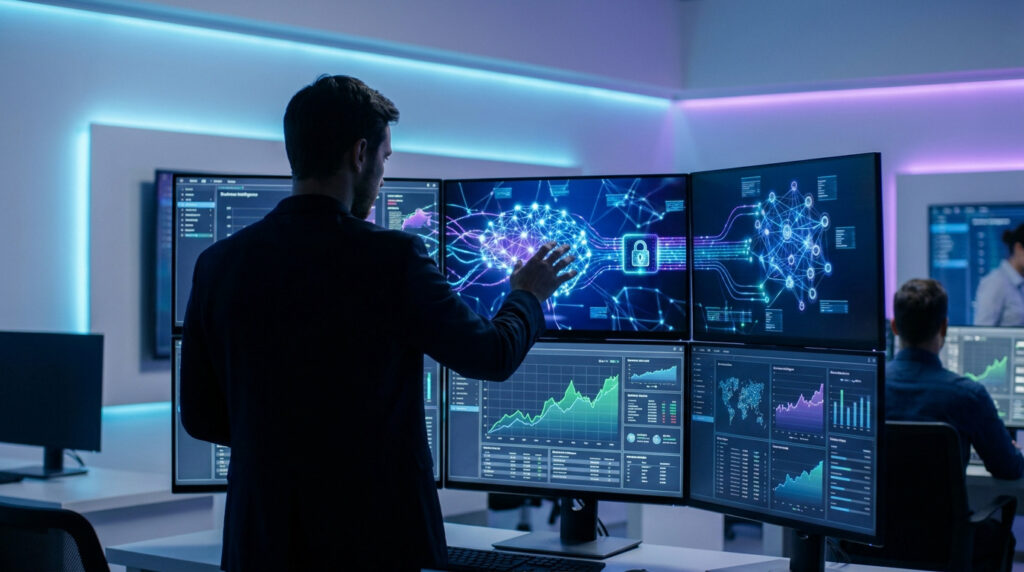 Homme travaillant devant six écrans d'ordinateur affichant un réseau neuronal, des graphiques de données et un cadenas. Lumières bleues.