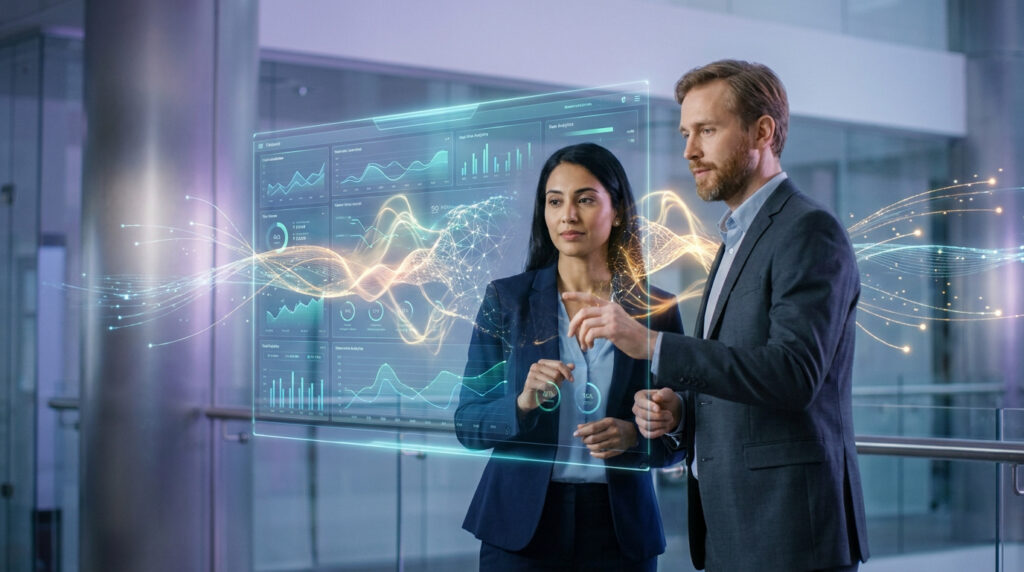 Deux professionnels analysent des données sur un écran holographique futuriste, représentant l'intégration IA et ERP.