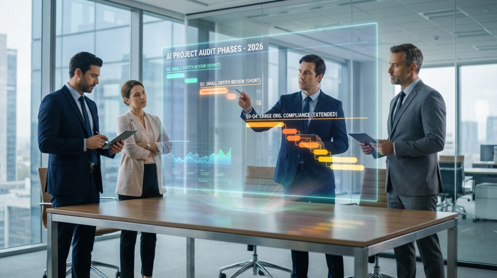 Quatre professionnels analysent un hologramme des phases d'audit IA 2026 en bureau, avec graphiques et calendrier.