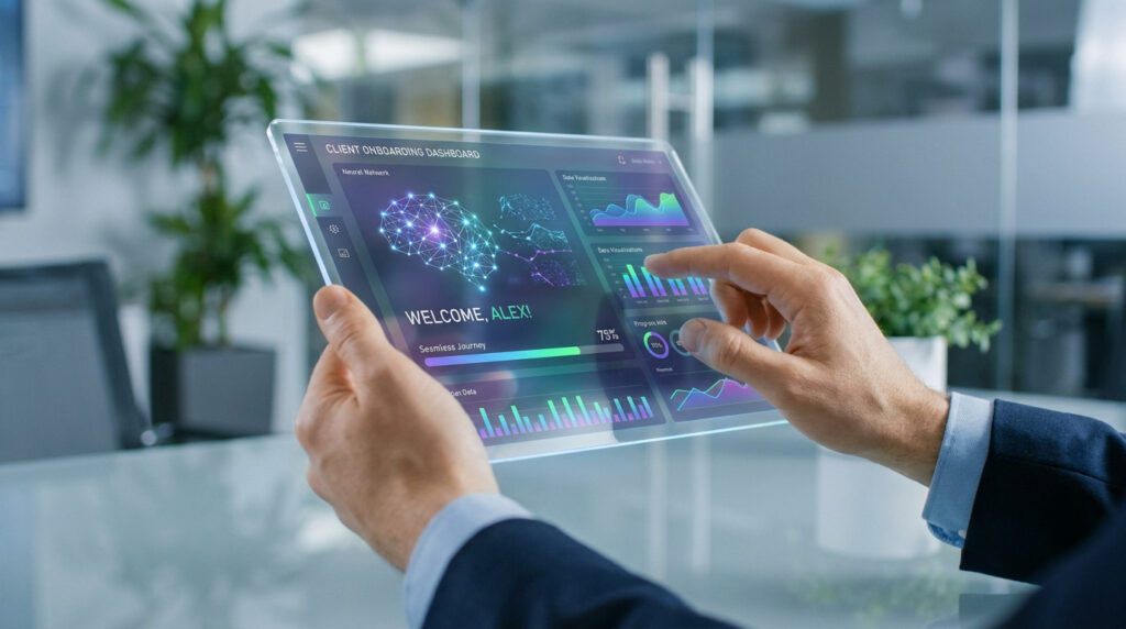 Mains manipulant une tablette transparente affichant un tableau de bord futuriste sur l'onboarding client avec de l'IA.