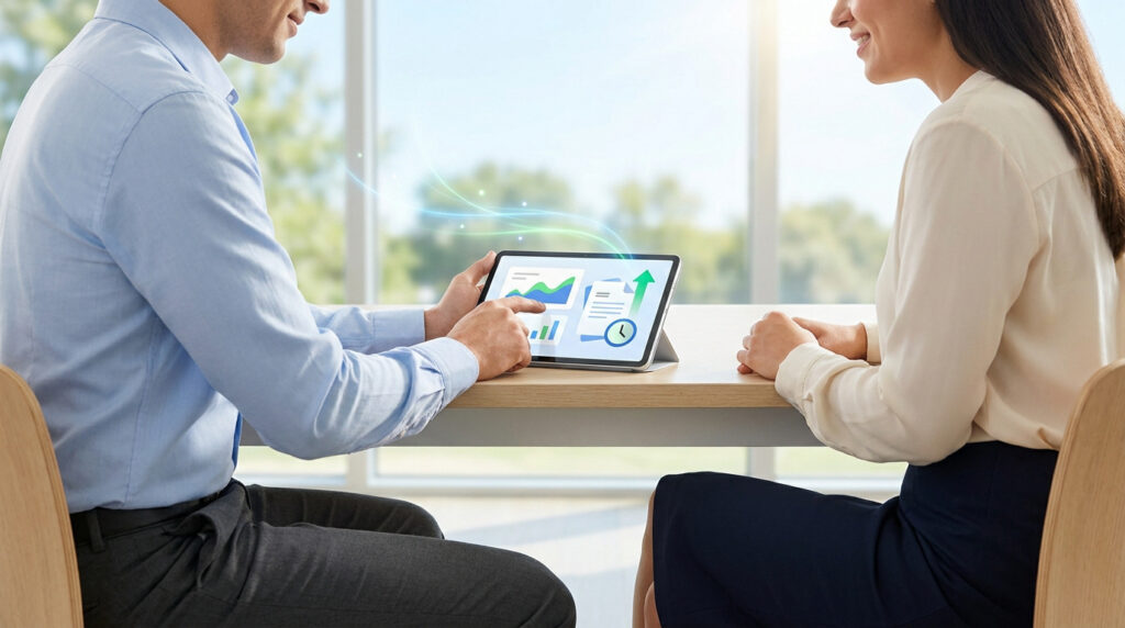 Un homme et une femme utilisant une tablette affichant des graphiques de productivité dans un bureau lumineux.