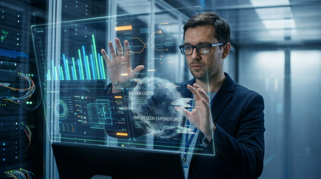 Un ingénieur manipule une interface numérique holographique affichant des données financières et techniques en salle serveur.