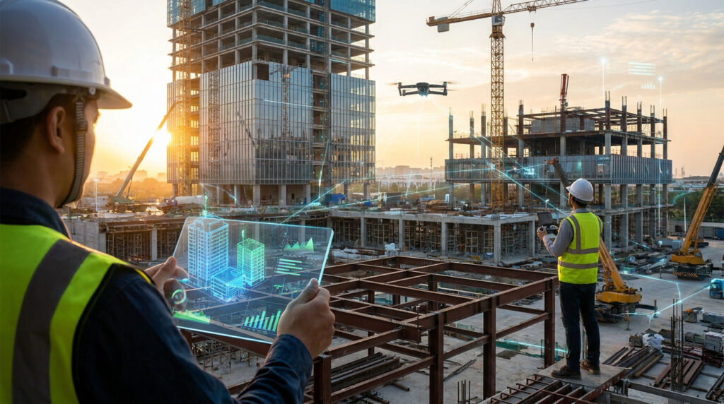 Ingénieurs utilisant une tablette holographique et un drone sur un chantier de construction moderne au coucher du soleil.