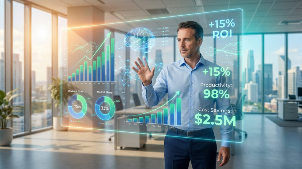 Un cadre analyse des graphiques de performance et de ROI sur une interface holographique en entreprise.